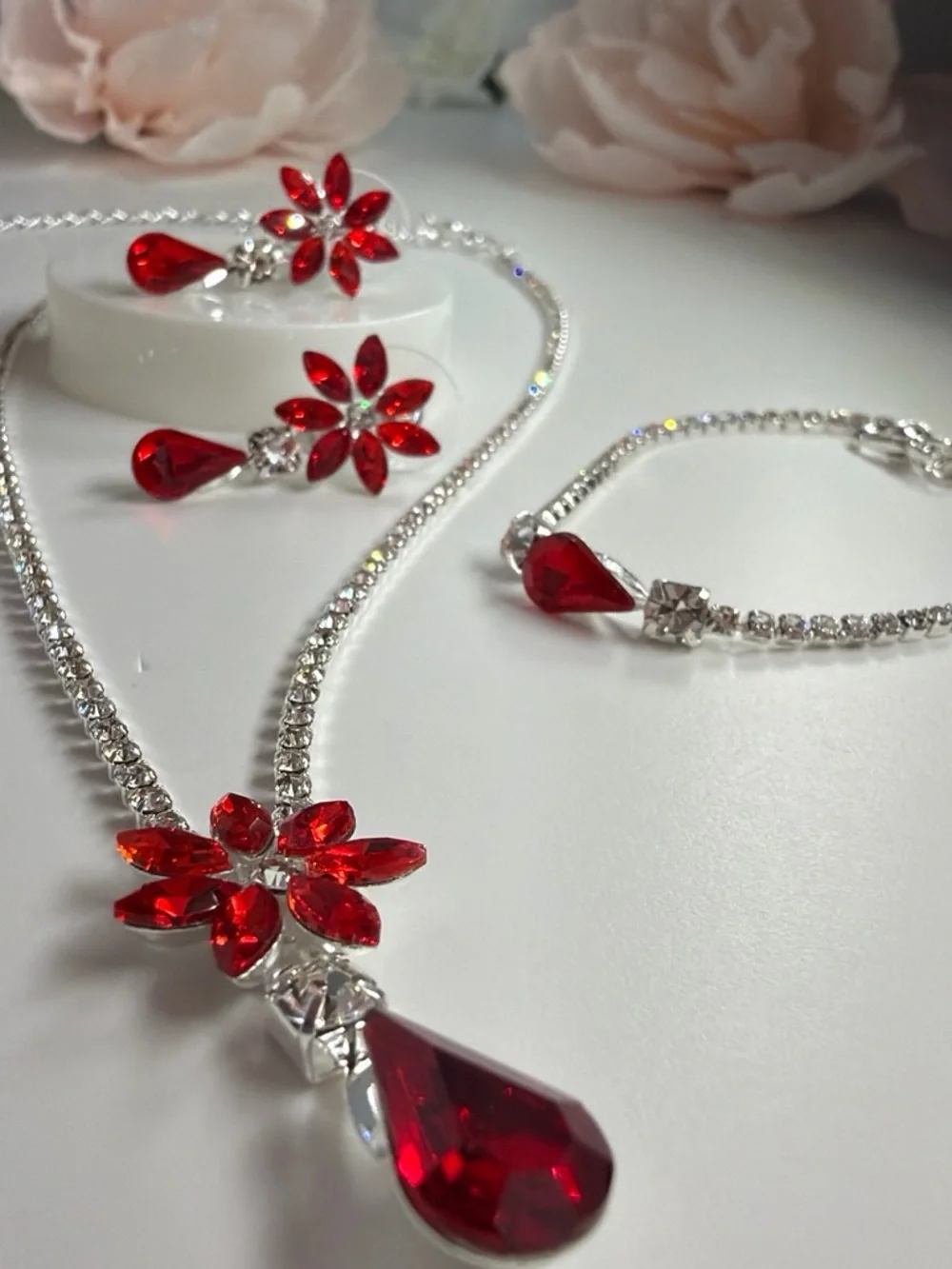 Elegant Red Crystal Floral Necklace & Earring Set - Women Jewelry